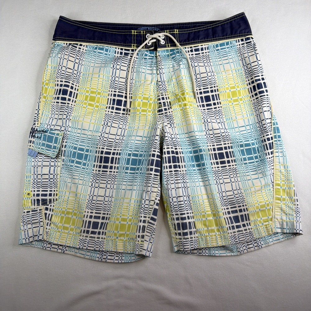 Tommy Bahama Relax Board Shorts Men's 38 Blue Yellow Plaid Surf Swim Trunks